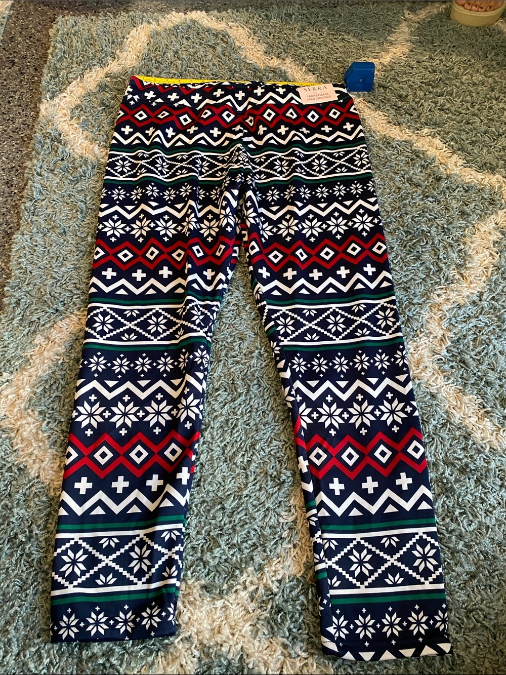 Serra Navy Leggings with Red, White and Green Patterned Print - Picture 1 of 3